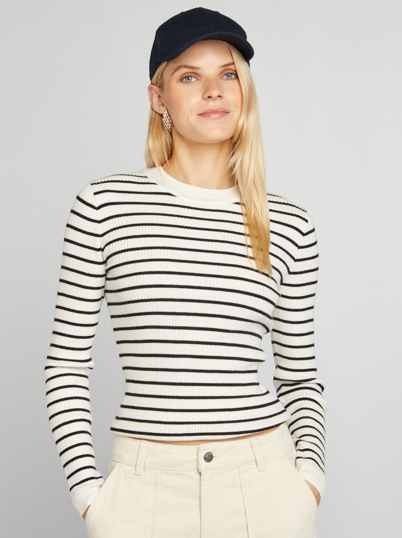 Camisola nervurada com gola redonda BRANCO - Kiabi