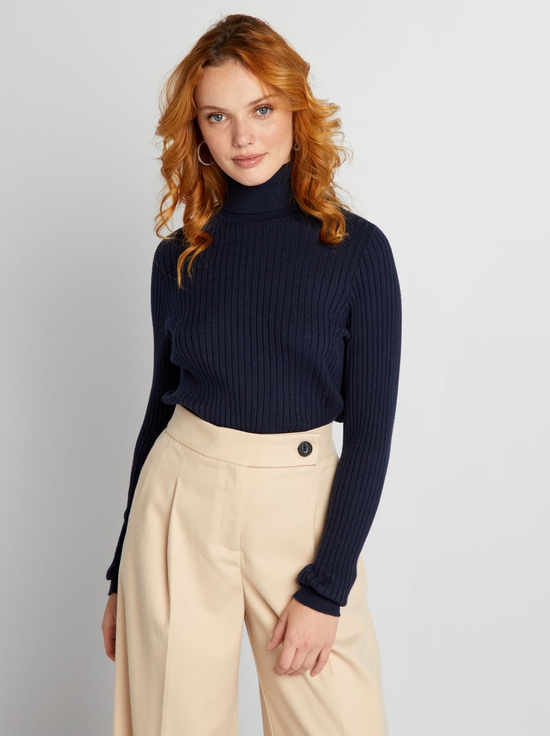 Camisola nervurada com gola subida AZUL - Kiabi
