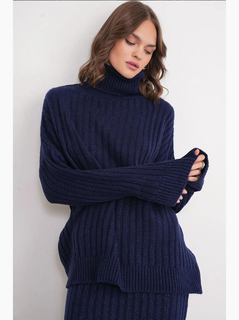 Camisola oversize canelada de gola alta mixray Azul-marinho - Kiabi