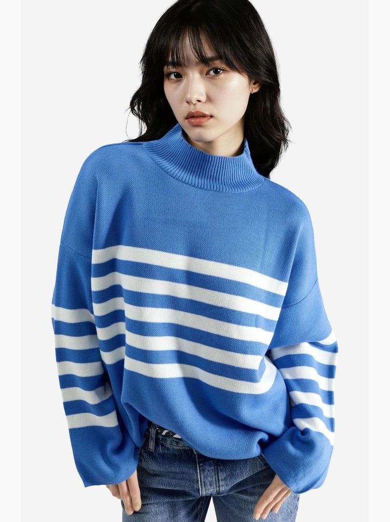 Camisola oversized às riscas com gola alta my fashion Azul-safira - Kiabi