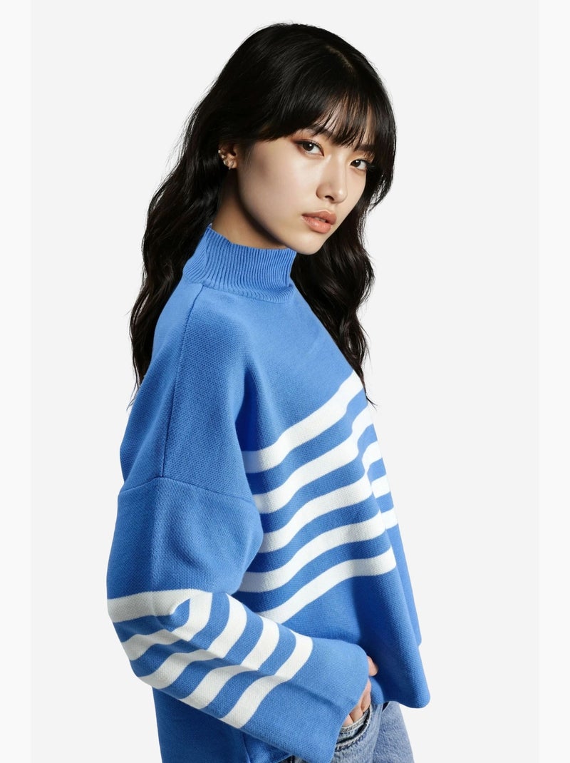 Camisola oversized às riscas com gola alta my fashion Azul-safira - Kiabi