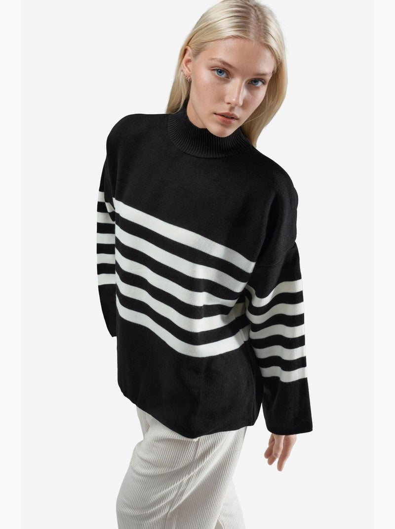 Camisola oversized às riscas com gola alta my fashion Preto - Kiabi