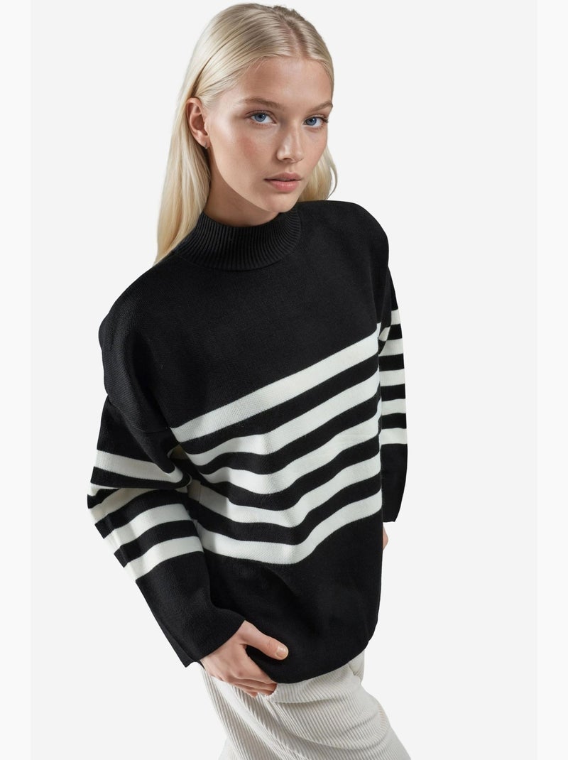 Camisola oversized às riscas com gola alta my fashion Preto - Kiabi