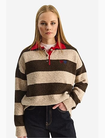 Camisola oversized às riscas com gola polo e bordado lucci