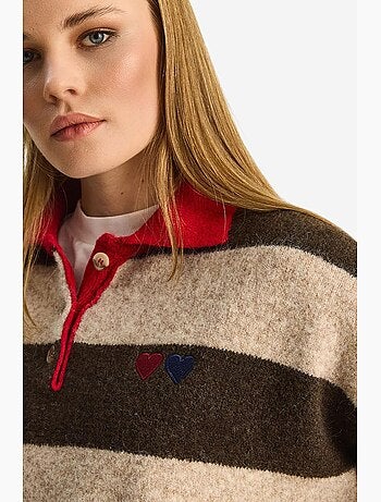 Camisola oversized às riscas com gola polo e bordado lucci