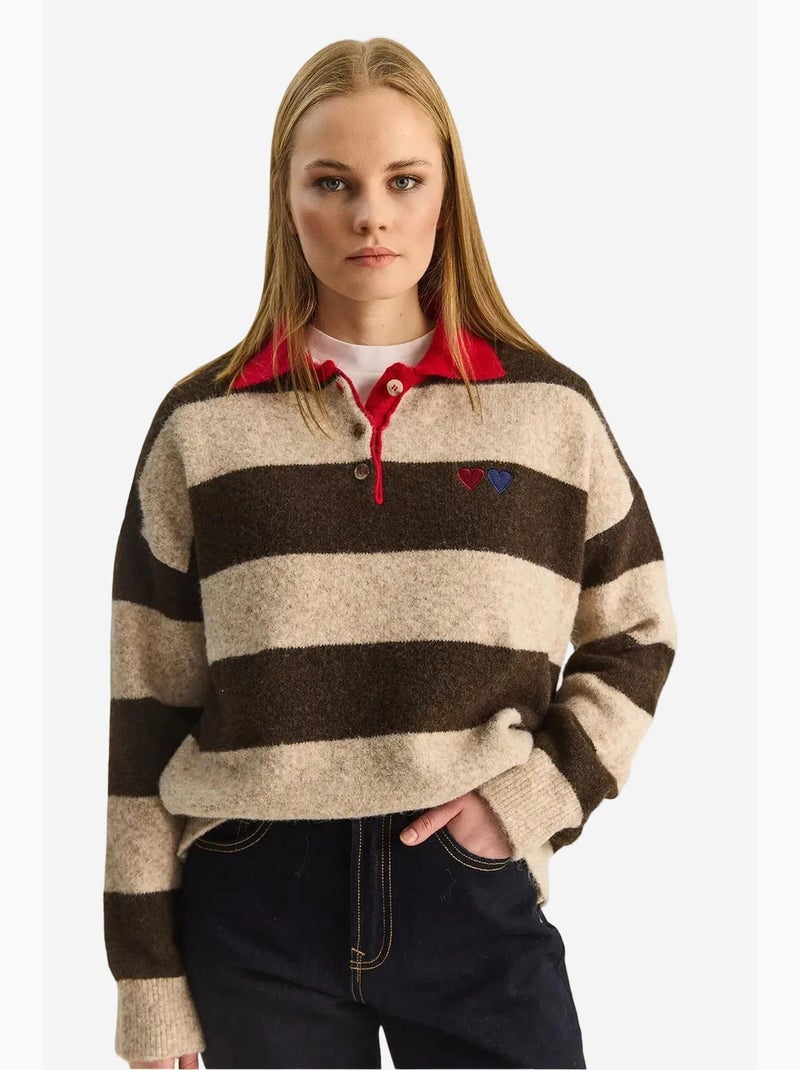 Camisola oversized às riscas com gola polo e bordado lucci Castanho - Kiabi