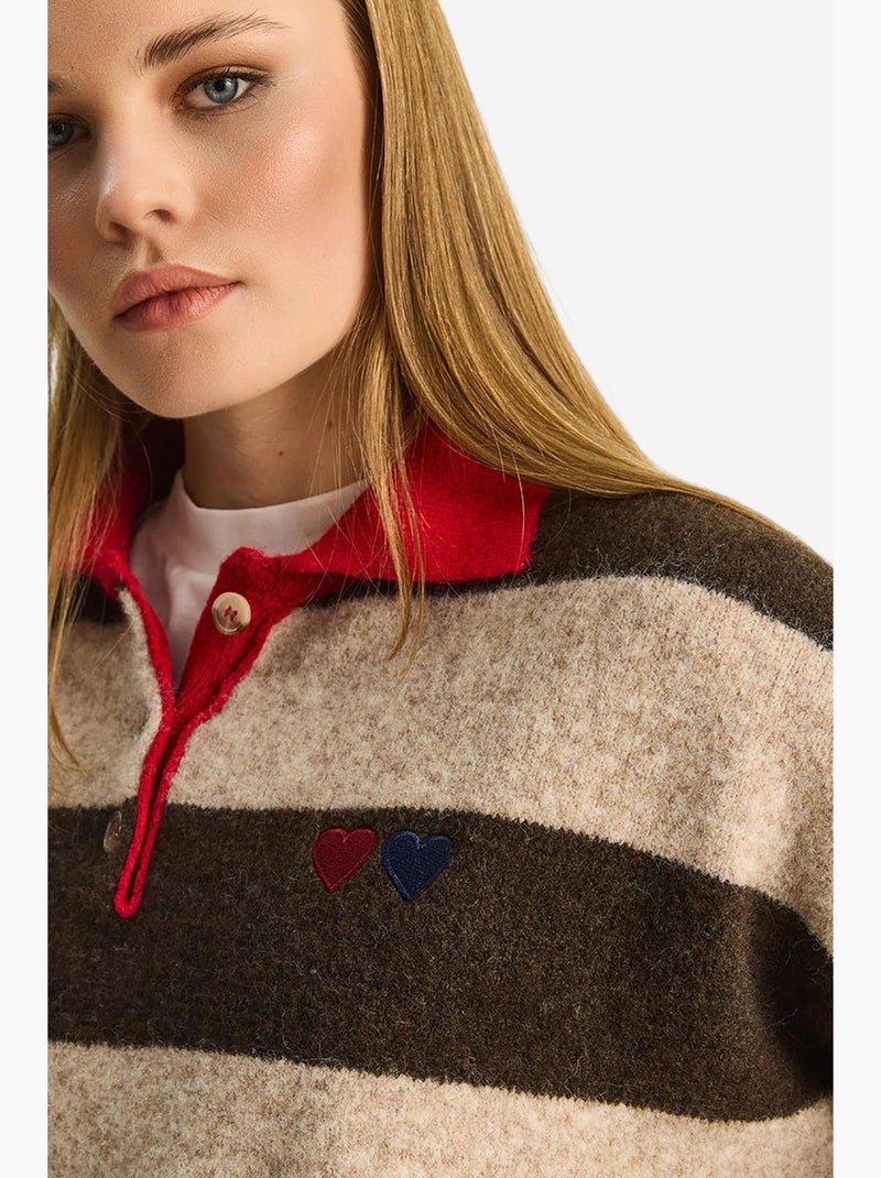 Camisola oversized às riscas com gola polo e bordado lucci Castanho - Kiabi