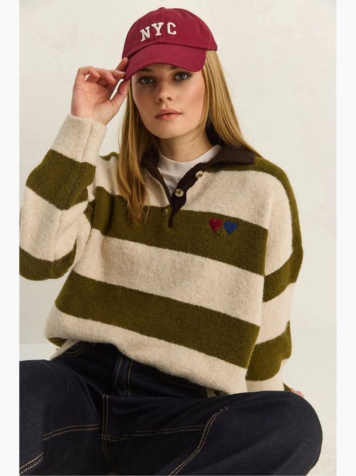 Camisola oversized às riscas com gola polo e bordado lucci - Kiabi Camisola oversized às riscas com gola polo e bordado lucci - Kiabi