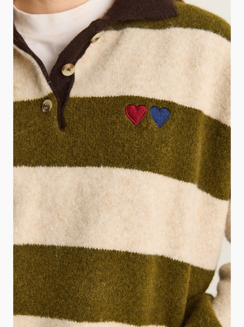Camisola oversized às riscas com gola polo e bordado lucci Verde oliva - Kiabi