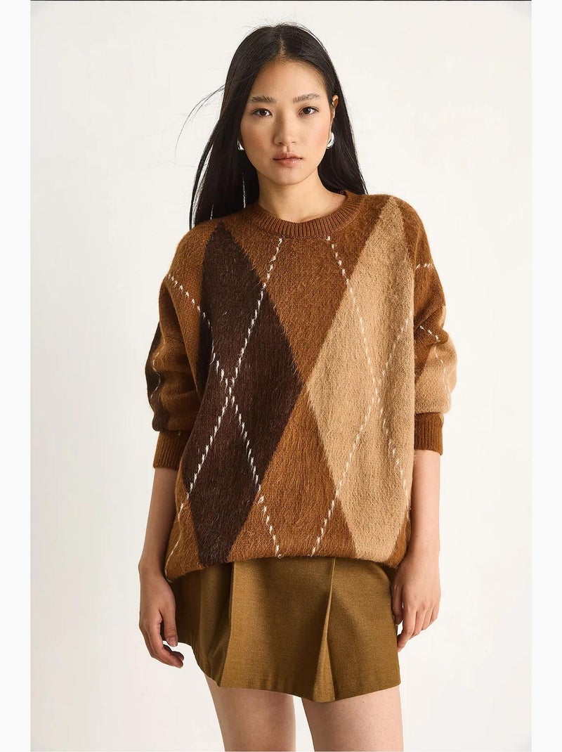 Camisola oversized com estampado de losangos lucci Camelo - Kiabi