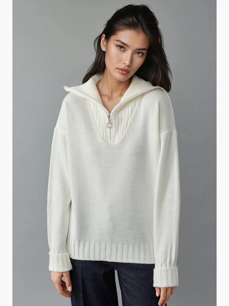 Camisola oversized de malha canelada com gola com fecho my fashion Branco - Kiabi