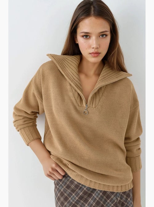 Camisola oversized de malha canelada com gola com fecho my fashion - Kiabi