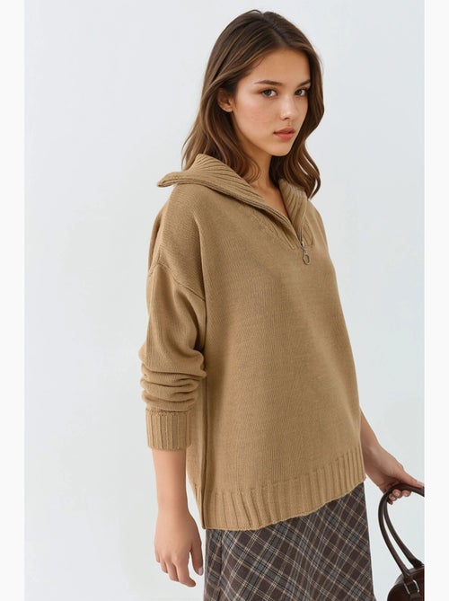 Camisola oversized de malha canelada com gola com fecho my fashion - Kiabi