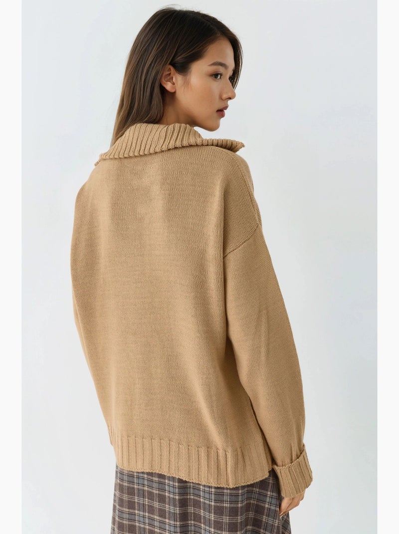Camisola oversized de malha canelada com gola com fecho my fashion Camelo - Kiabi