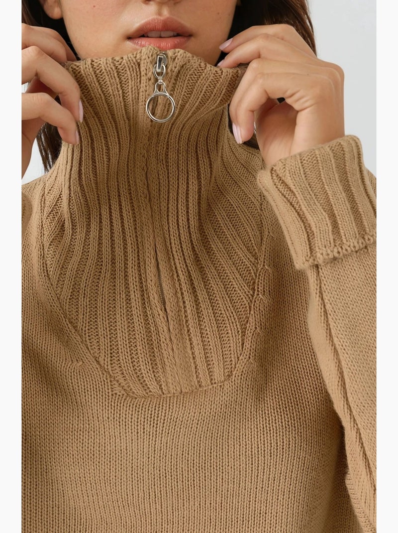 Camisola oversized de malha canelada com gola com fecho my fashion Camelo - Kiabi