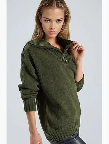 Camisola oversized de malha canelada com gola com fecho my fashion