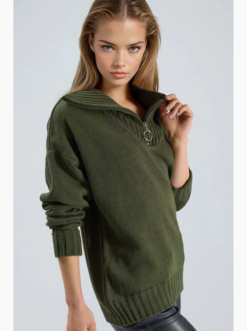 Camisola oversized de malha canelada com gola com fecho my fashion - Kiabi Camisola oversized de malha canelada com gola com fecho my fashion - Kiabi