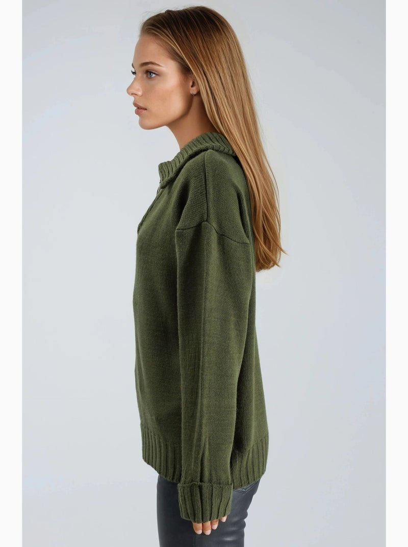 Camisola oversized de malha canelada com gola com fecho my fashion Cáqui - Kiabi