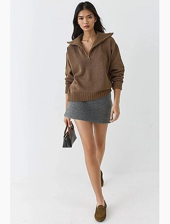 Camisola oversized de malha canelada com gola com fecho my fashion
