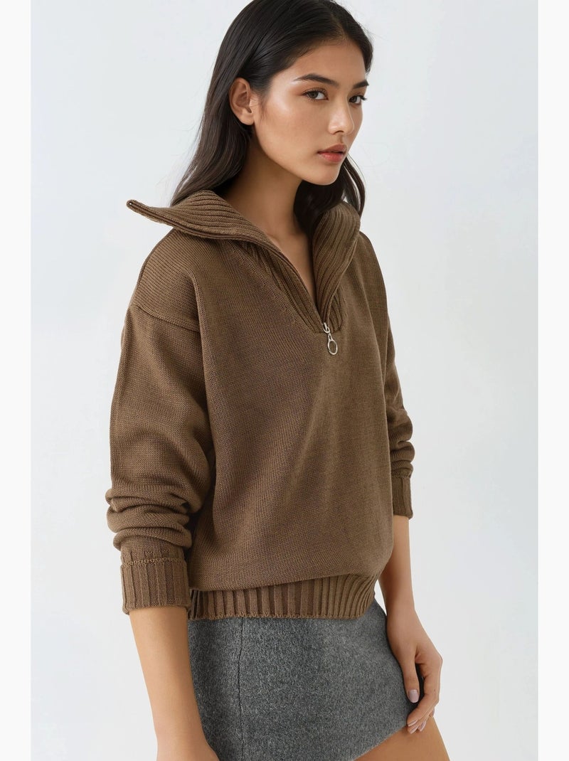 Camisola oversized de malha canelada com gola com fecho my fashion Castanho-chocolate - Kiabi