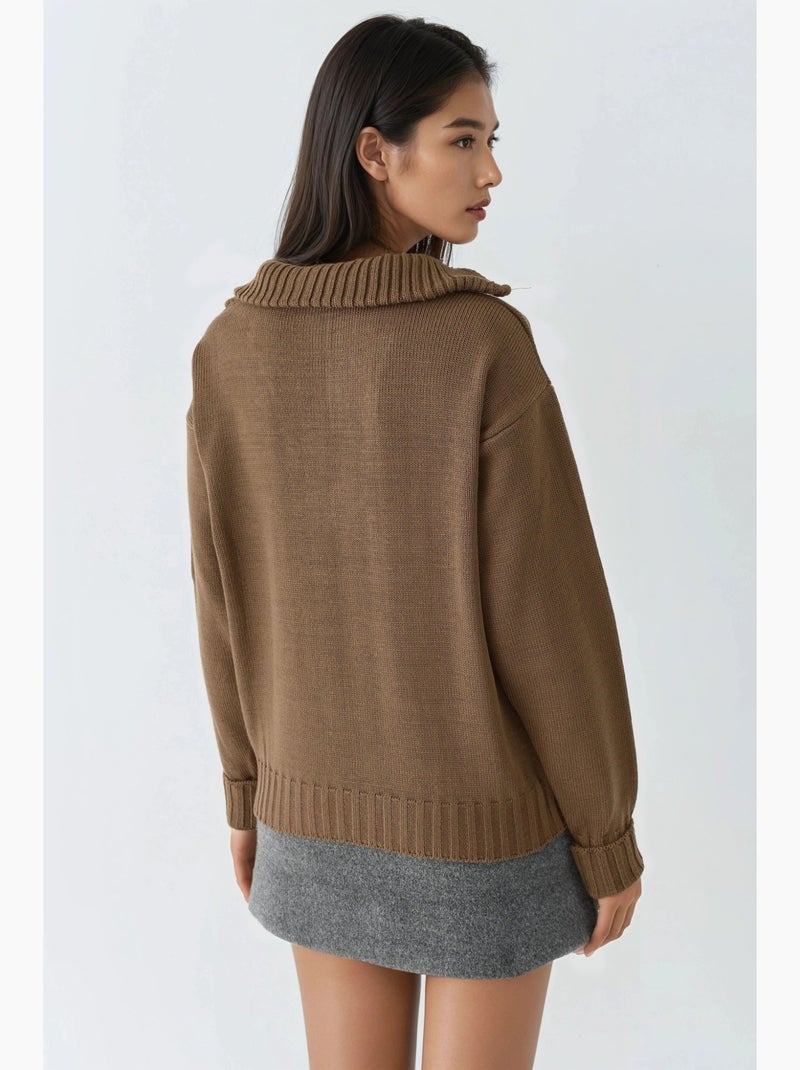 Camisola oversized de malha canelada com gola com fecho my fashion Castanho-chocolate - Kiabi