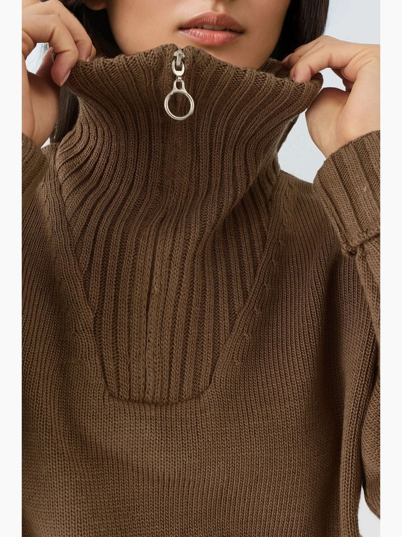 Camisola oversized de malha canelada com gola com fecho my fashion Castanho-chocolate - Kiabi