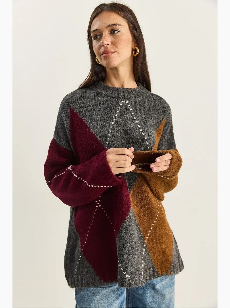 Camisola oversized de malha com padrão de losangos lucci Cinza-castanho - Kiabi