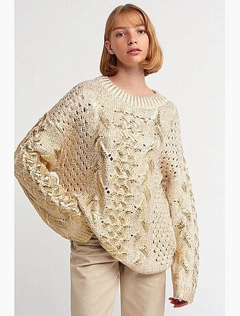 Camisola oversized de malha com tranças e decote redondo