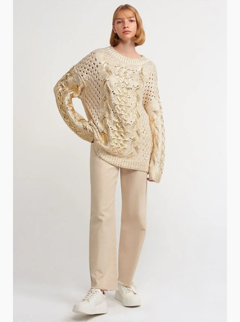 Camisola oversized de malha com tranças e decote redondo dilvin Creme - Kiabi