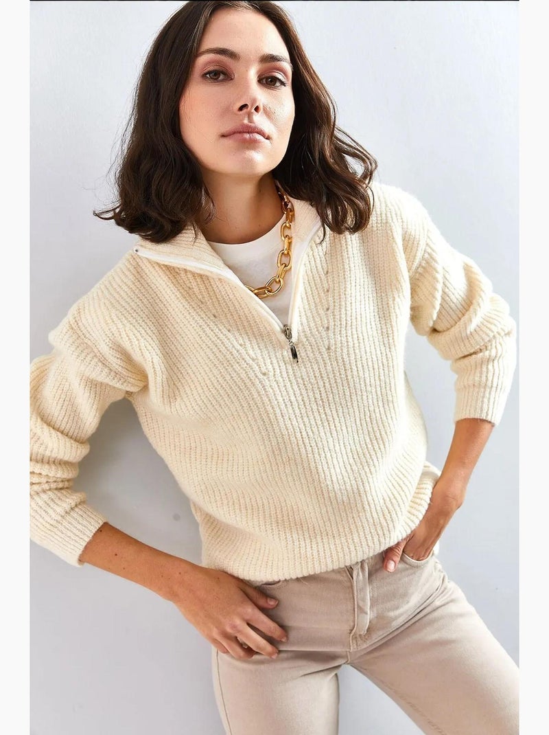 Camisola oversized de malha texturada com gola com fecho lucci Bege-argila - Kiabi