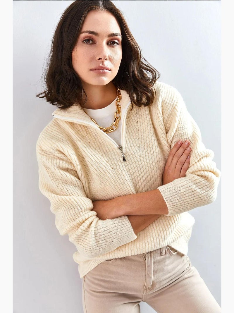 Camisola oversized de malha texturada com gola com fecho lucci Bege-argila - Kiabi