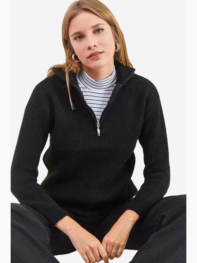 Camisola oversized de malha texturada com gola com fecho lucci Preto - Kiabi