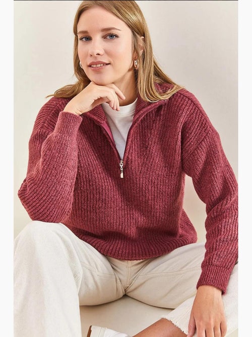 Camisola oversized de malha texturada com gola com fecho lucci - Kiabi