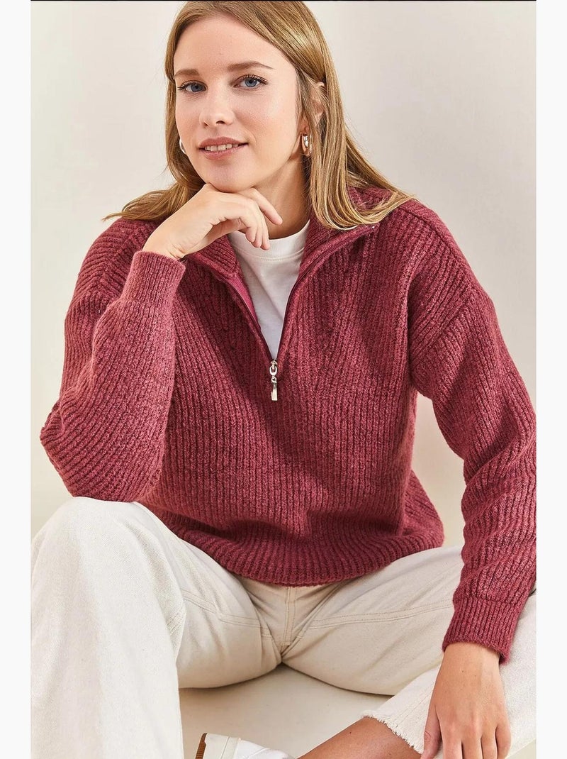 Camisola oversized de malha texturada com gola com fecho lucci Rosa velho - Kiabi