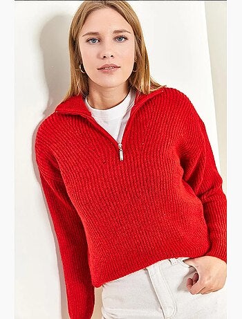 Camisola oversized de malha texturada com gola com fecho lucci