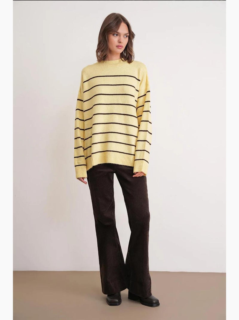Camisola pulôver de malha descontraída às riscas com decote redondo mixray Amarelo-limão - Kiabi
