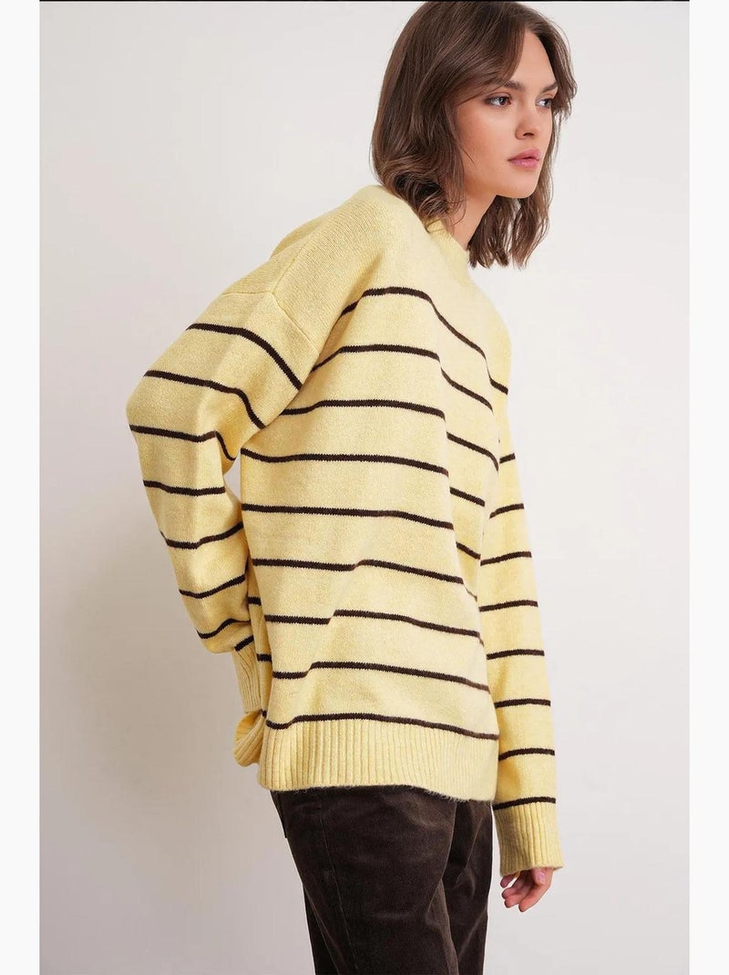 Camisola pulôver de malha descontraída às riscas com decote redondo mixray Amarelo-limão - Kiabi