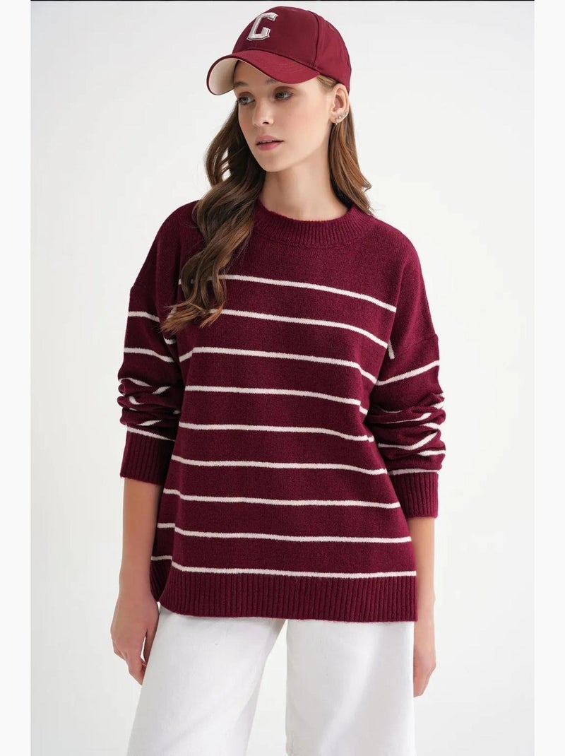 Camisola pulôver de malha descontraída às riscas com decote redondo mixray Vermelho bordô - Kiabi