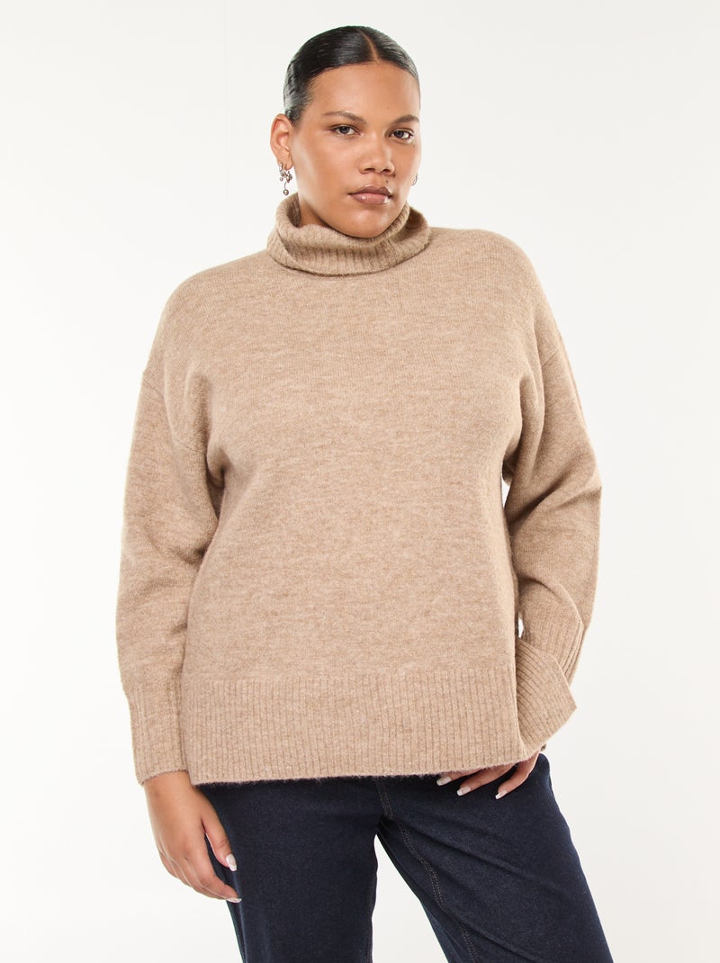 Camisola quente de gola alta com rachas na base Bege - Kiabi