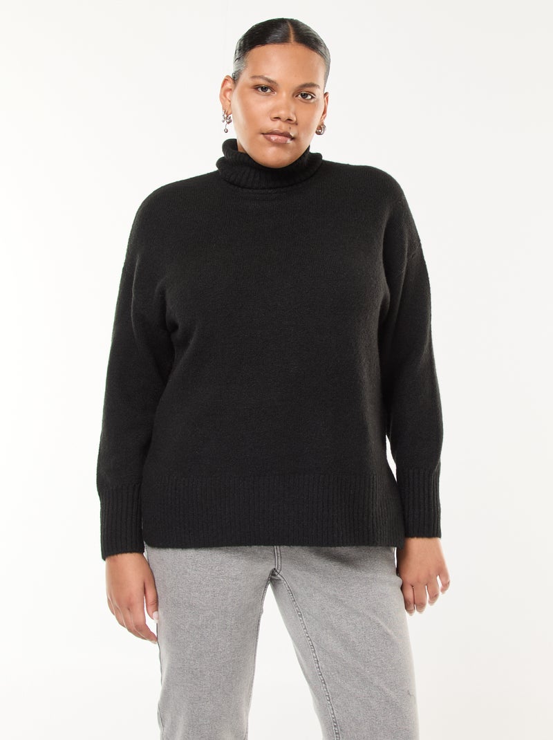 Camisola quente de gola alta com rachas na base Preto - Kiabi