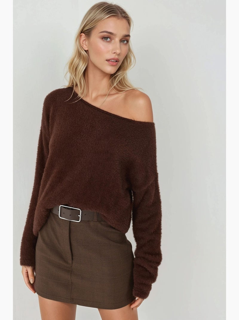 Camisola relaxed fit com decote barco hiccup Castanho - Kiabi