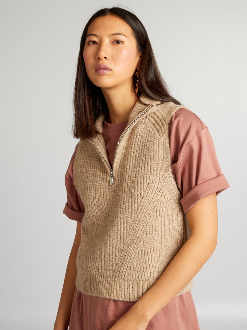 Camisola sem mangas de gola alta com fecho BEGE - Kiabi