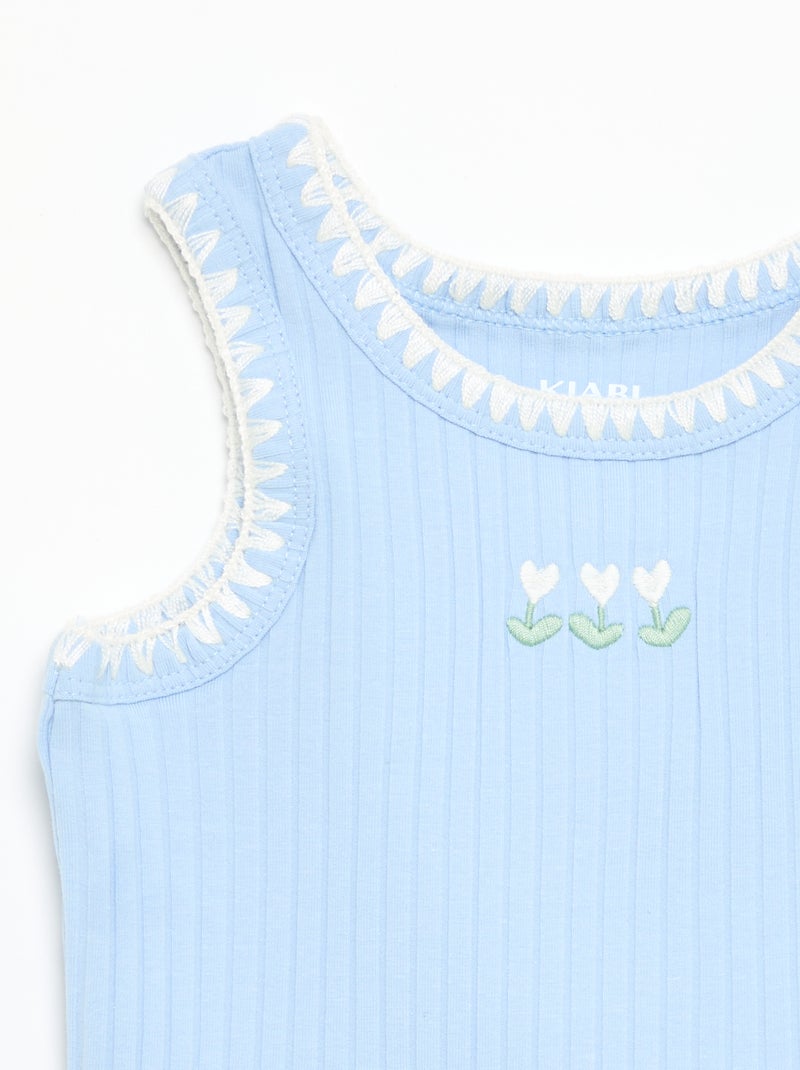 Camisola sem mangas em canelado com bordados nas cavas Azul - Kiabi