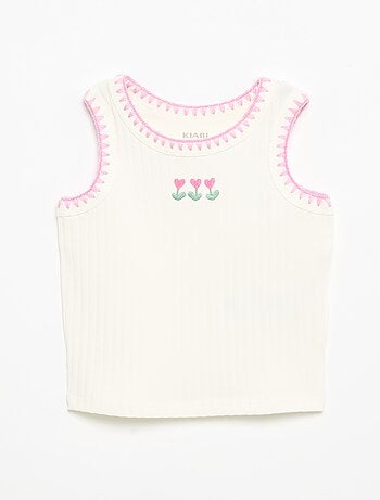 Camisola sem mangas em canelado com bordados nas cavas