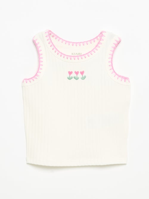 Camisola sem mangas em canelado com bordados nas cavas - Kiabi Camisola sem mangas em canelado com bordados nas cavas - Kiabi