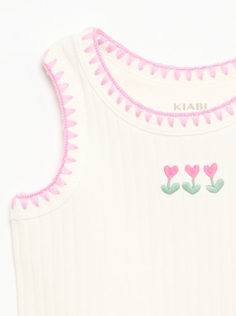 Camisola sem mangas em canelado com bordados nas cavas Branco - Kiabi