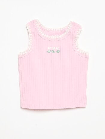 Camisola sem mangas em canelado com bordados nas cavas