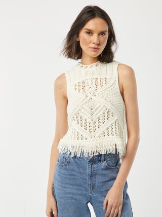 Camisola sem mangas em malha de fantasia com franjas
