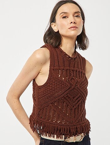 Camisola sem mangas em malha de fantasia com franjas