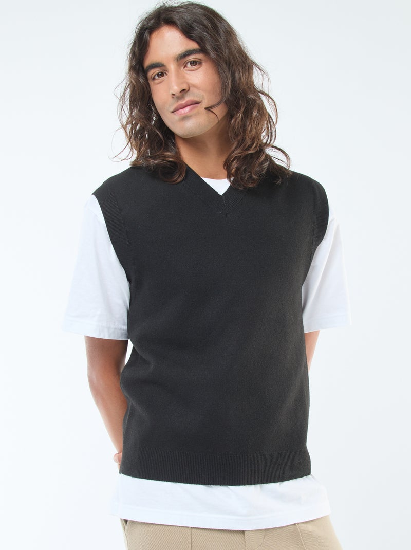 Camisola sem mangas em malha tricô e gola em V Preto - Kiabi